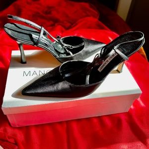 Monolo Blahnik black satin heels